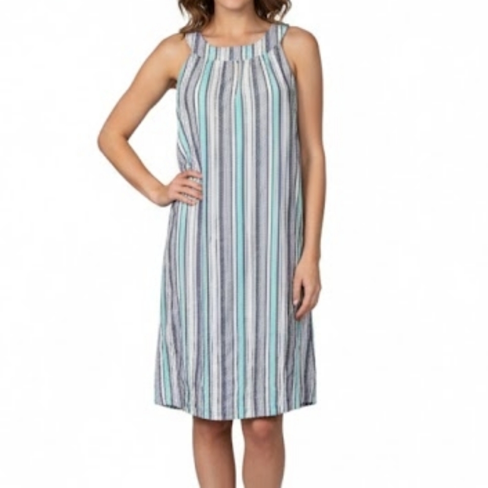 100% Linen Antibes Blanc Striped Sleeveless Halter Dress Vacation Resort XS NWOT